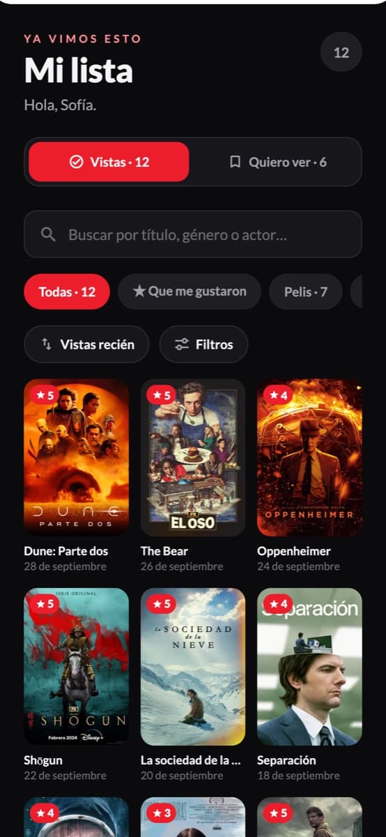 Mi lista con las pelis y series vistas