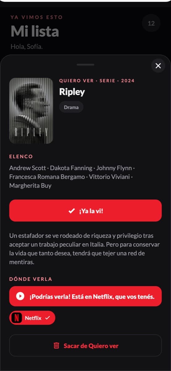 Detalle de una serie con el aviso PodrĂas verla en Netflix